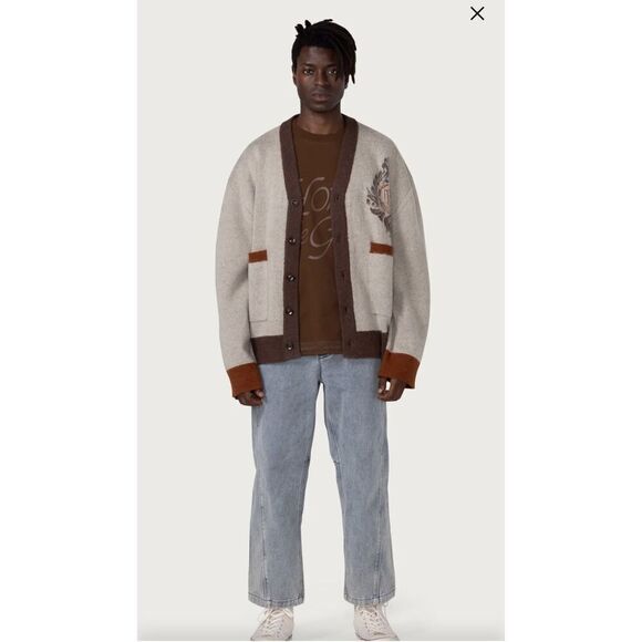 Honor The Gift Cardigan Sweater Crest Logo Knit‎ Brown Trim Oversized - Picture 4 of 16